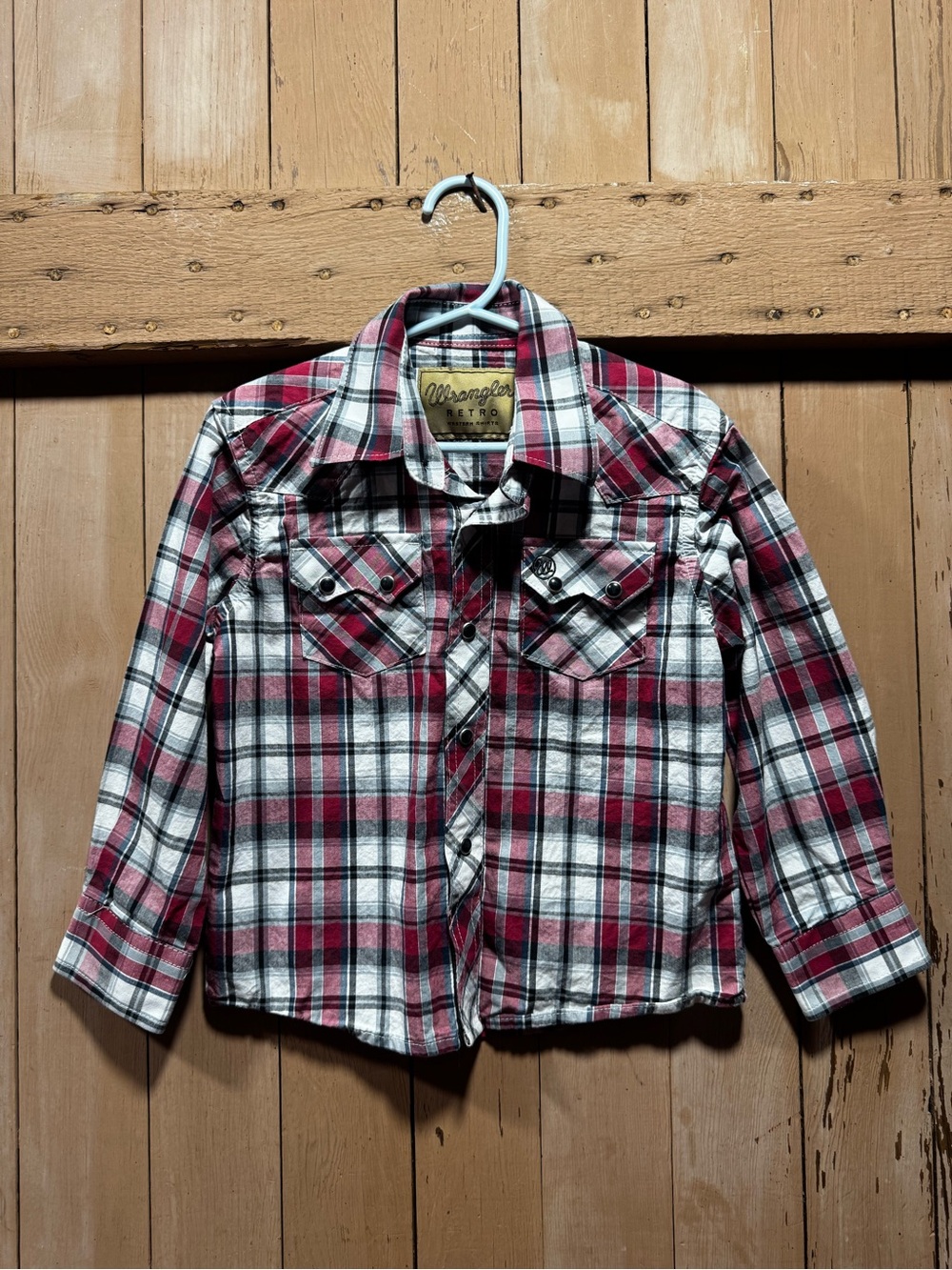 Wrangler Red and White Plaid pearl snap Button-Down Shirt for Kids